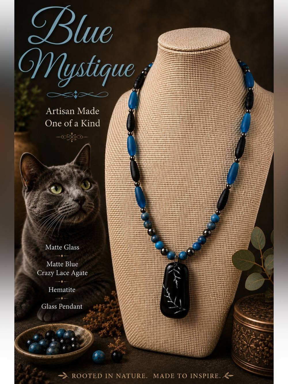 Blue Mystique Matte Blue and Black Glass and Stone Necklace
